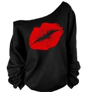 Kiss Lips Off the Shoulder Red Black Sweatshirt